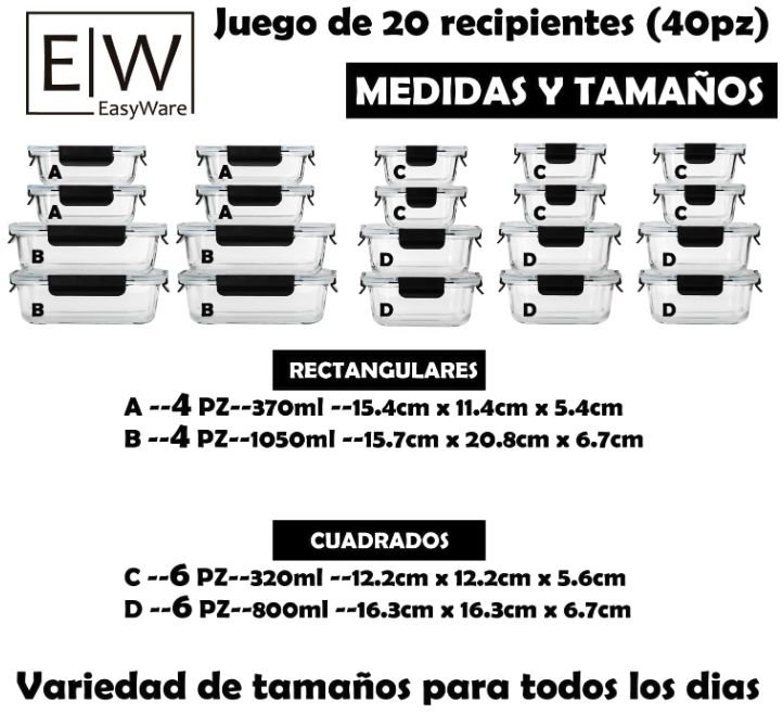 Organiza y Conserva tus Alimentos con el Juego de 20 Recipientes Herméticos de Vidrio (40 Piezas)